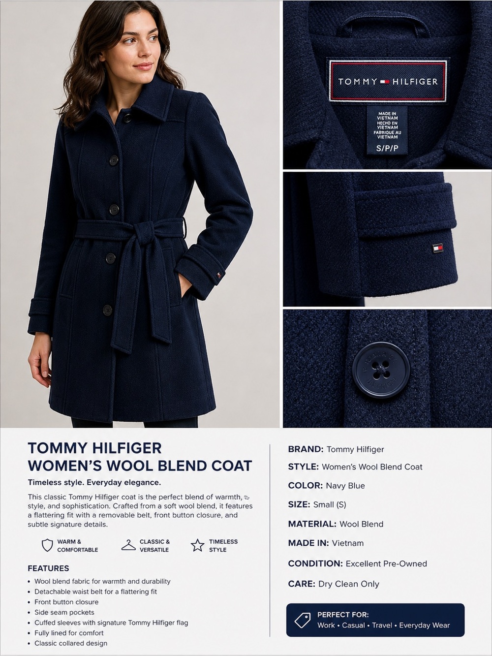 Tommy Hilfiger Women's Navy Blue Wool-Blend Coat size small NWOT